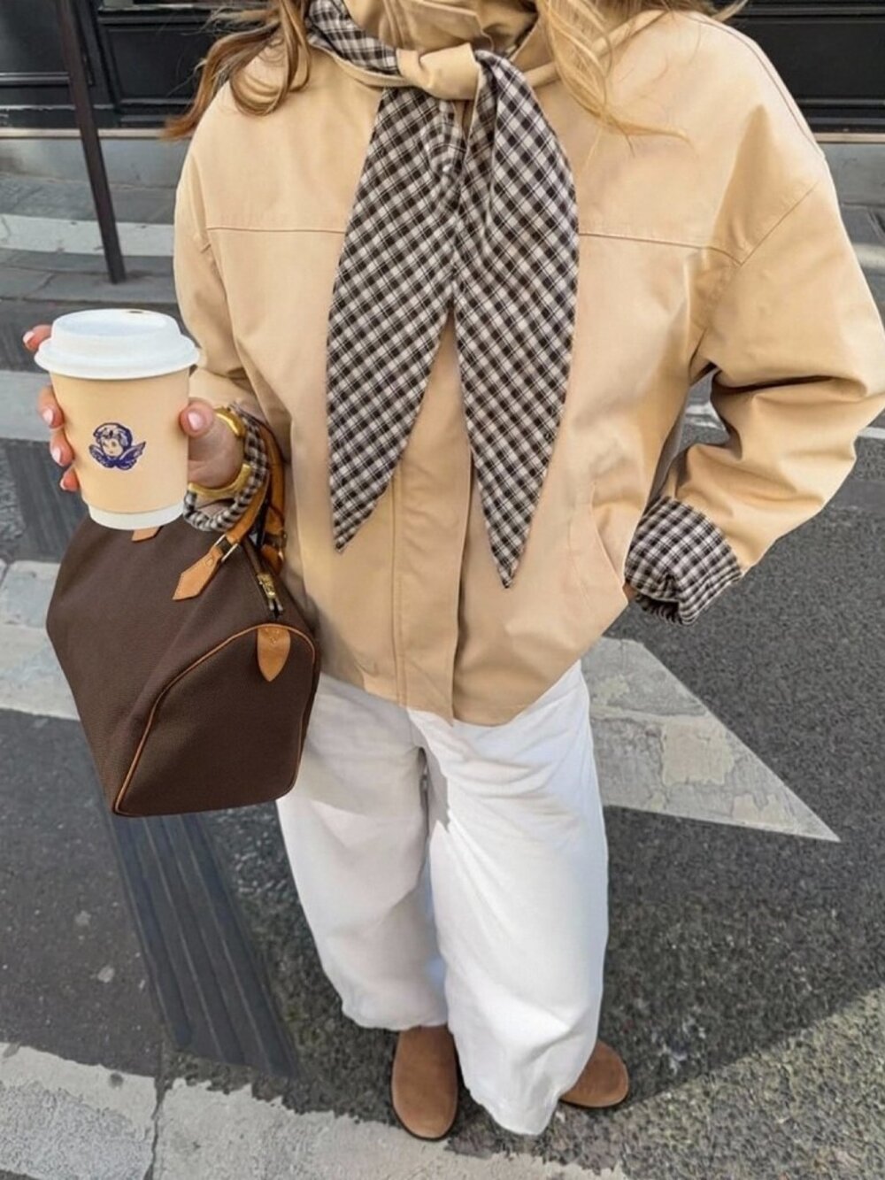 Khaki Casual Women's Gingham Plaid Scarf Collar Hooded Long Sleeve Jacket